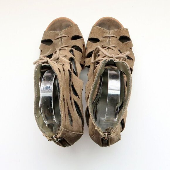 MIA Military Green Suede Leather Peep Toe Cutout Lace-up Heels Bootie Shoes 6 - Picture 5 of 16